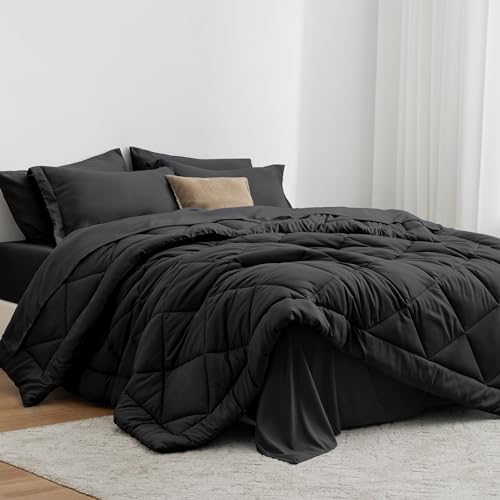 Love's cabin King Size Comforter Set Black, 7 Pieces King Bed in a Bag, All Season King Bedding Sets with 1 Comforter, 1 Flat Sheet, 1 Fitted Sheet, 2 Pillowcase and 2 Pillow Sham