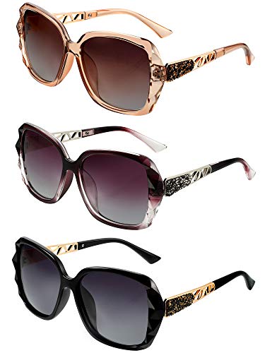 Frienda 3 Pieces Women Polarized Oversized Sunglasses Shiny Composite Frame Sunglasses Vintage Rhinestone Glasses