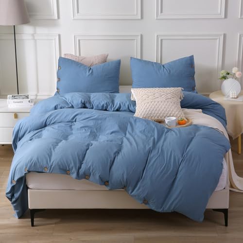 APSMILE Blue Shadow Duvet Cover Set Queen Size, 3 Pieces with 1 Duvet Cover 90x90 Inches and 2 Shams (No Comforter), Soft Brushed Washed Cotton-Like Duvet Cover with Button Closure