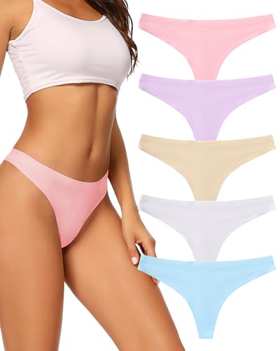 voenxe Seamless Thongs for Women No Show Thong Underwear Women 5-10 Pack (F-5 Pack Bright Color, Medium)