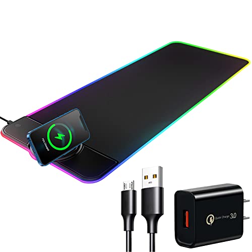VEWINGL RGB Large Gaming Mouse Pad with Wireless Chargering,15W Fast Wireless Charging Desk Pad,Premium Microfiber Cloth,Non-Slip Base,10 Light Modes Keyboard Pad for Gaming,PC,Laptop 31.5' × 11.81'