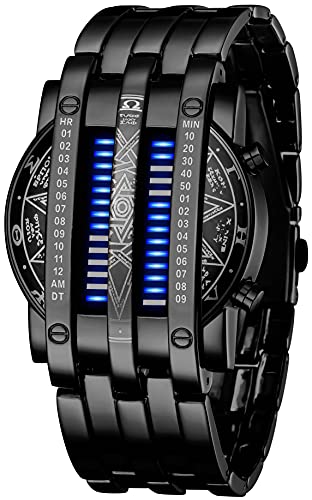 Binary Matrix Blue LED Digital Watch Mens Classic Creative Fashion Black Plated Wrist Watches (Black Blue)