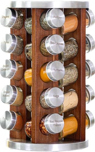 Orii 20 Jar Dark Acacia Wood Spice Rack with Spices Included - Rotating Tower Organizer for Kitchen Spices and Seasonings, Free Spice Refills for 5 Years (Dark Stained Acacia Wood)