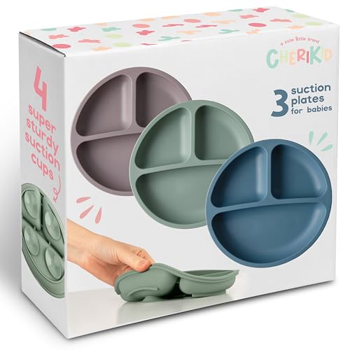 ChériKid Suction Plates for Baby, Toddlers - FEATURES SUPER STRONG QUADRUPLE SUCTION - 100% Food Grade Silicone Toddler Plates with Suction - Unbreakable Divided Kids Baby Plates - Suction Plate