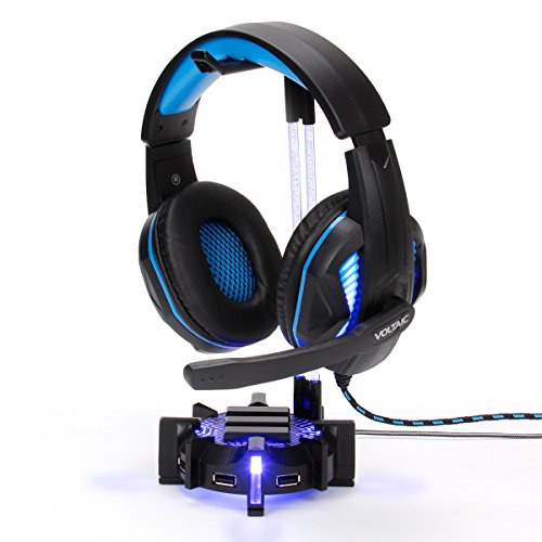 ENHANCE Gaming Headphone Stand Headset Holder with 4 Port USB Hub, Customizable LED Lighting, Flexible Acrylic Neck - Universal Hanger with Weighted Base for Wired or Wireless Headsets - PS4, Xbox, PC