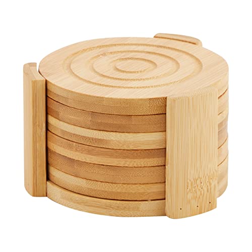 Juvale Set of 6 Bamboo Wood Coasters with Holder for Coffee Table, Hot Drinks, Beverages, Housewarming Gift (4.3 in)