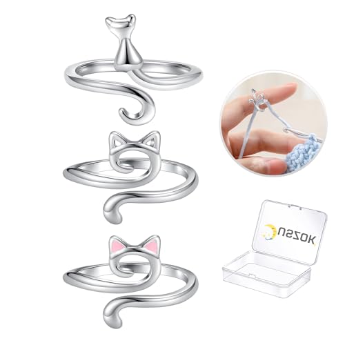 Juszok Crochet Rings for Crocheting Adjustable Crochet Tension Ring for Finger Cat Yarn Guide Ring Knitting Crochet Accessories with Box for Women 3Pcs