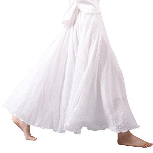 Kafeimali Women Bohemian Cotton Linen Double Layer Elastic Waist Long Maxi Skirt (White, 85CM-Length)