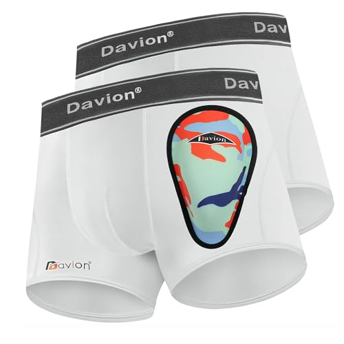Davion 2-Pack Boys Underwear with 1 Soft Protective Athletic Cup Youth Briefs for Football, Baseball, Lacrosse White