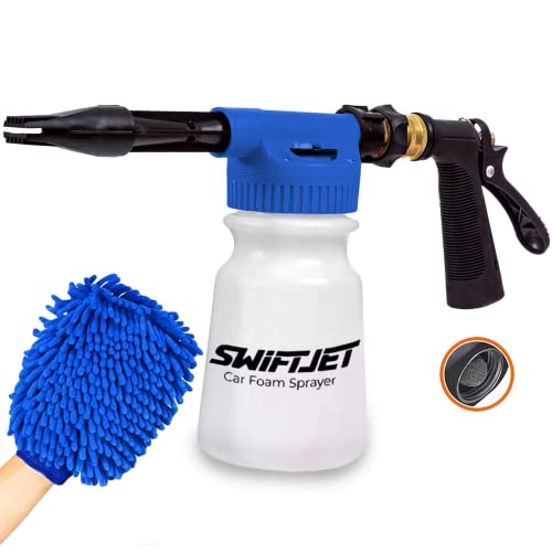 SwiftJet Car Wash Foam Gun Sprayer with Microfiber Wash Mit - Adjustable Water Pressure & Soap Ratio Dial - Foam Cannon Attaches to Any Garden Hose (Foam Sprayer with Wash Mit - Blue)