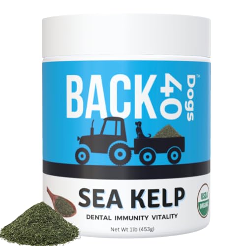 BACK 40 Dogs Kelp Powder, Dried Sea Kelp Supplement for Optimal Pet Health, Multifunctional Dog Vitamins Rich with Iodine & Omegas for Thyroid Health, Dental, Immune, Digestive, & Heart Health, 453g