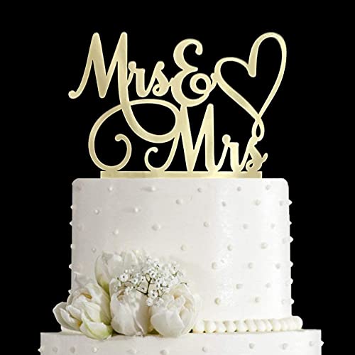 Mrs & Mrs Cake Topper-Wedding and Anniversary Cake Topper,Gay and Lesbian,LGBT Marriage Union,Love is Love (Mirror Gold Acrylic)