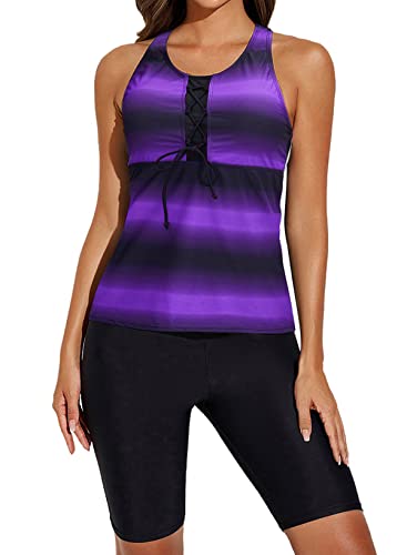 Aleumdr Womens Two Picec Swimsuits Tank Color Block Tankini with Capris Bottom Purple 2XL 18 20…