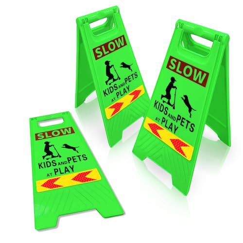 KURPHOYIN Kids at Play Sign 3 Packs Caution Slow Down Kids and Pets Playing Sign for Street Children at Play Safety Sign 24 Height with Reflective Tape