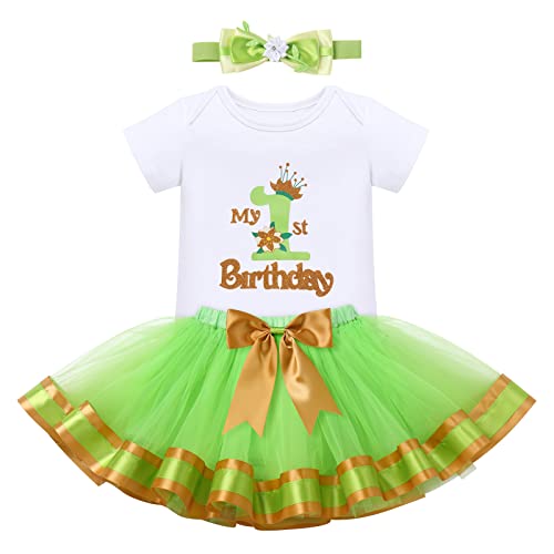 1st Birthday Girl Outfit Princess and the Frog Costume Baby I'm One Year Old Party Cake Smash Photo Shooting Props Romper Princess Tutu Skirt Flower Bowknot Headband 3pcs Set Summer Green 1T