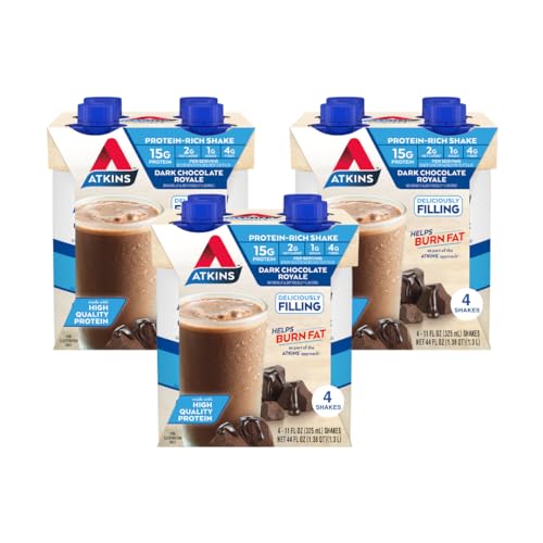 Atkins Dark Chocolate Royale Protein Shake, 15g Protein, Low Glycemic, 2g Net Carb, 1g Sugar, Keto Friendly, 12 Count