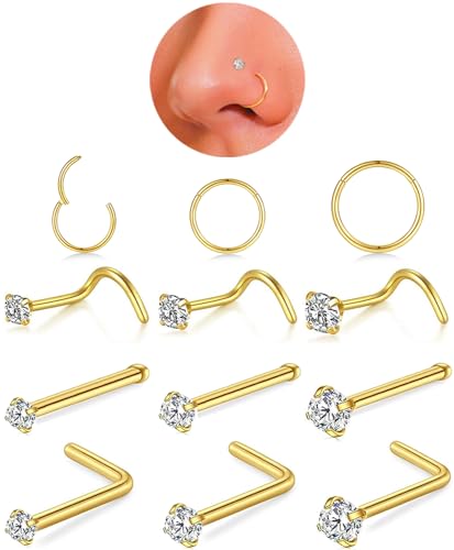 18g Gold Nose Rings Hoop and 20g Nose Studs Sets for Women Men,Hypoallergenic 316L Surgical Stainless Steel L Shape/Corkscrew/Straight Nose Studs Nose Screw Bone 1.5/2/3mm CZ Piercings Jewelry 12Pcs