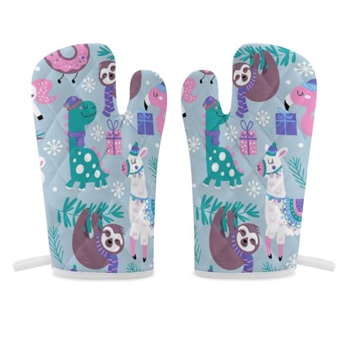 ish Dinosaur Llama Flamingo Sloth Leaves White Snowflakes 2-Piece Kitchen Oven Gloves, Double Thickened Gloves with Hanging Loop Mittens for Men Women Home Cooking 11.8 x 5.5 inch