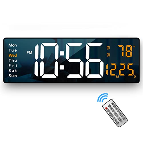 Digital Wall Clock Large Display, 16.2 Inch , LED Digital Clock with Remote Control for Living Room Decor, Automatic Brightness Dimmer with Date Week Temperature (Orange)