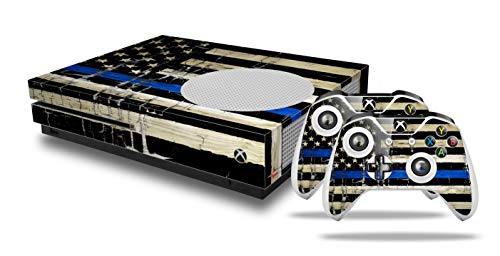 WraptorSkinz Decal Vinyl Skin Wrap Compatible with Xbox One S Console and Controllers - Painted Faded Cracked Blue Line Stripe USA American Flag
