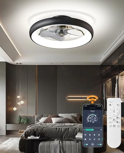 Ceiling Fans with Lights and Remote, 21' Modern Ultra Low Profile Flush Mount Ceiling Fan, 6 Speeds Smart Bladeless LED Ceiling Fan with lights for Bedroom Kitchen Home Office Dining Room