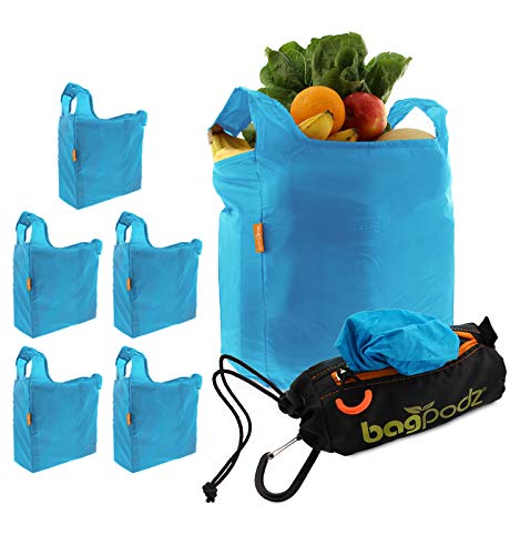 BagPodz Reusable Shopping Bags Inside a Compact Pod with Carry Clip - Washable Grocery Shopping Bags - Reusable Grocery Bags Heavy Duty RipStop Nylon Holds 50lbs Very Sturdy, 5 Pack in Blue