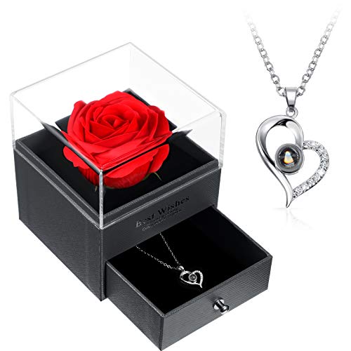 Hicarer I Love You Necklace 100 Languages Projection Heart Pendant Necklace with Red Rose Jewelry Storage Box Gifts for Mom Mama Mother's Day Wife Girlfriend Wedding Birthday