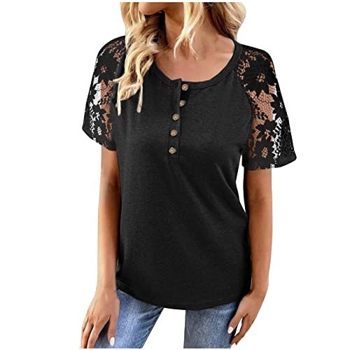 Gift Card Deals Womens Lace Cutout Short Sleeve Blouse Summer Comfy Henley Crewneck Tshirts Plus Size Solid Tees Ladies Basic Tops