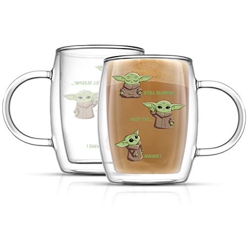 JoyJolt Awake! Grogu Coffee Mug Set of 2 Double Wall Mug. 13.5oz Large Espresso, Cappuccino or Latte Cup. Mandalorian Star Wars Mugs, Insulated Coffee Mug, Clear Glass Cups Coffee Cup Set