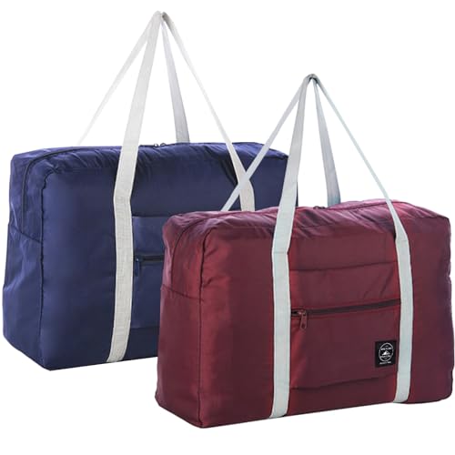2PCS Foldable Travel Duffel Bag 2PCS Tote Carry on Luggage Bag Spirit Airlines Personal item Sports Gym Bag Water Resistant Weekender Overnight Bags for Women and Men (Red+Blue)