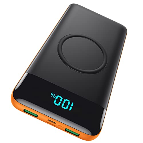 Wireless Portable Charger 30800mAh 15W Wireless Charging 25W PD QC4.0 Fast Charging Smart LED Display USB C Power Bank 4 Output and 2 Input External Battery Pack Compatible with iPhone Samsung-Orange