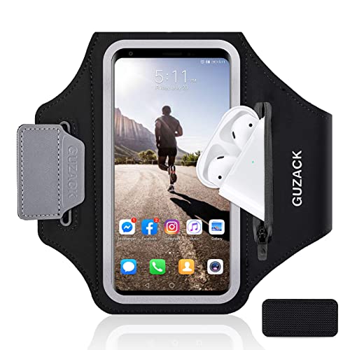 GUZACK Phone Holder for Running with AirPods Pouch, Running Armband Case for iPhone 15/14/13/12/11 Pro Max/Plus/XR/XS, Galaxy S23/S22/S21, Universal Cell Phone Arm Holder with Key Pocket & Card Slot