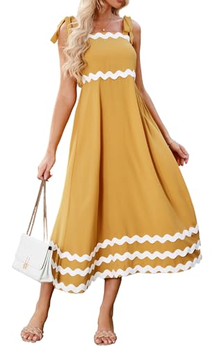 ECOWISH Women Sleeveless Maxi Dress: 2024 Summer Square Neck Elastic High Waisted Dressy Party Dress Yellow Small