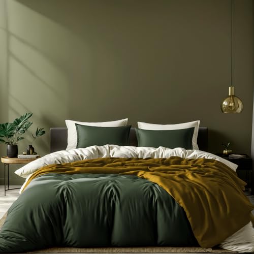 White Classic Dark Green Duvet Cover King Size, Microfiber Duvet Cover with Zipper, Duvet Cover Set with 2 Pillow Shams, Luxury Soft Comforter Cover King Size, 104 x 90 | Comforter Not Included