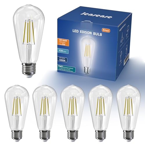 Jensense Edison LED Light Bulbs 8Watt Dimmable Light Bulbs 5000K Daylight White, E26 LED Bulb 60watt Equivalent, LED Vintage Bulbs 800lm CRI 90 Clear Glass 6 Packs