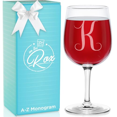 Monogrammed A-Z Wine Gifts for Women - 12.75 oz Engraved Personalized Wine Glass- Funny Wine Lover Monogram Gifts for Women - Unique Wine Glasses Gift Set (K)