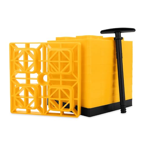 Camco FasTen Camper / RV Leveling Blocks - Features Interlocking Design for Customizable Height - Carrying Handle Twists to Secure Blocks for RV Storage - 8.5” x 8.5” x 1”, Yellow, 10-Pack (21022)