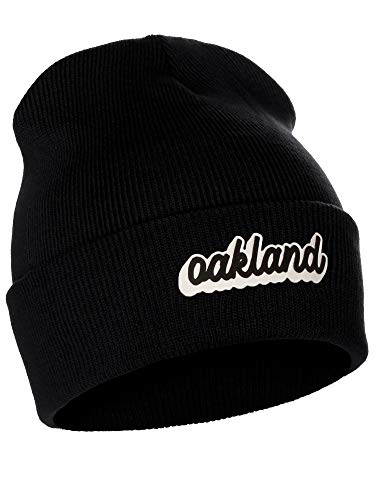 I&W Classic USA Cities Winter Knit Cuffed Beanie Hat 3D Raised Layer Letters, Oakland Black, White Black
