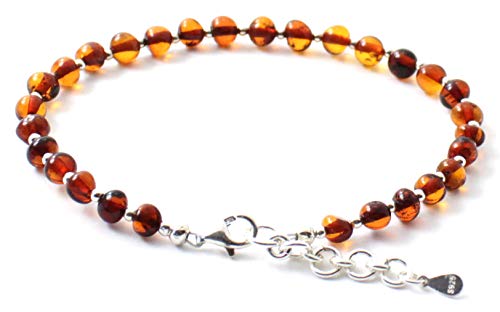 TipTopEco Baltic Amber Adult Anklet with Silver - 9.4-10.2 inches - Adjustable - Women Jewelry - Polished Cognac Beads (Cognac, 9.4)