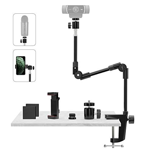 Webcam Stand Camera Mount with Phone Holder & 5/8' Screw, 25in Flexible Projector Stand Gooseneck Desk Mic Stand for Logitech C922 C930e C920 C615 C960 Brio 4K, GoPro, Blue Yeti Snowball Ice