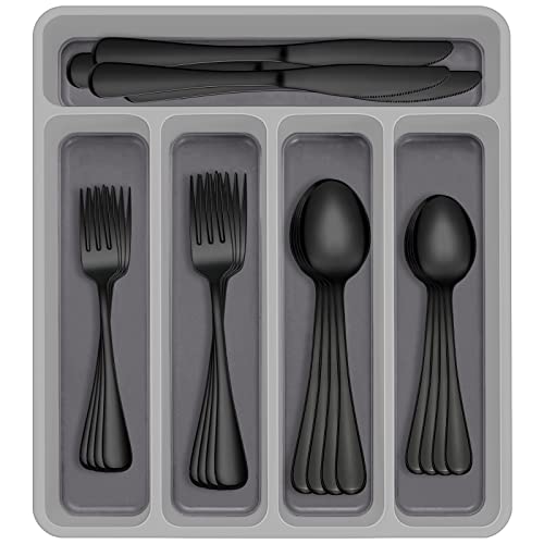 60-Piece Black Silverware Set with Organizer, AIVIKI Stainless Steel Flatware for 12, Cutlery Utensil Set for Home Restaurant, Tableware Includes Knife Fork Spoon Set, Mirror Polished