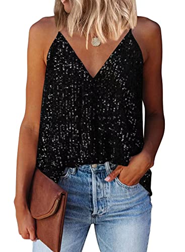 miduo Women's Tank Tops Summer Fashion 2023 Sequin V Neck Strappy Tanks Tops Camisole Shirts Tops Blouses Tanks for Party Clubwear Black L