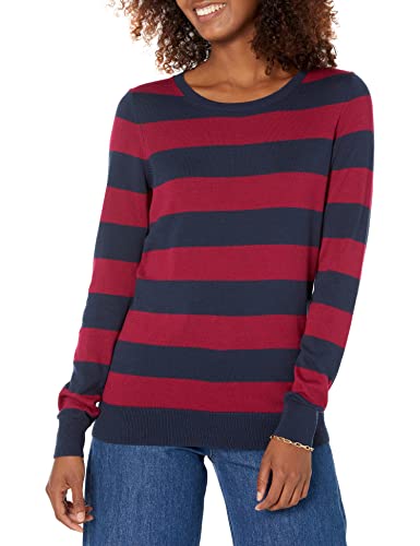 Amazon Essentials Women's Long-Sleeve Lightweight Crewneck Sweater (Available in Plus Size), Burgundy Navy Rugby Stripe, Large
