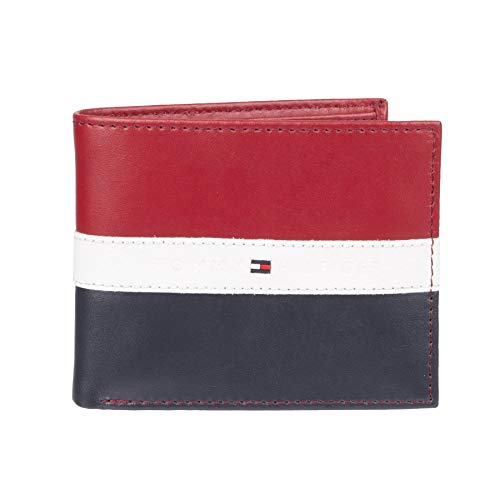 Tommy Hilfiger Men's Leather Wallet - RFID Blocking Slim Thin Bifold with Removable Card Holder and Gift Box, Red/Navy