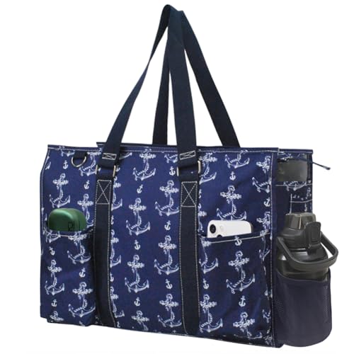 NGIL Zip-Top Tote Bag with Exterior Pockets for Working Women, Teachers, Nurses, and Moms, Design in USA (Vintage Anchor-Navy)