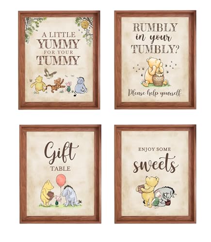 4PCS Winnie Table Sign Centerpieces A Little Yummy for Your Tummy for Baby Shower Decorations Pooh Birthday Decorations Welcome Baby Party Supplies(8x10in)