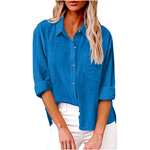 Ceboyel Women Long Sleeve Linen Shirts 2024 Button Down Summer Tops Cotton Gauze Trendy Blouse Dressy Causal Work Clothes Cute Spring Tops for Women Light Blue L