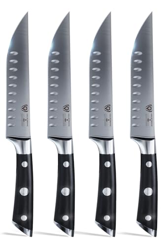 Dalstrong Steak Knife Set - 4-Piece - 5 inch Straight - Gladiator Series Elite - Forged German High-Carbon Steel - Black G10 Handle - Sheaths - Dinner Set Kitchen Knives - NSF Certified