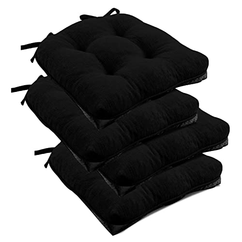 downluxe Indoor Chair Cushions for Dining Chairs, Tufted Overstuffed Textured Memory Foam Kitchen Chair Pads with Ties and Non-Slip Backing, 15.5' x 15.5' x 4', Black, 4 Pack