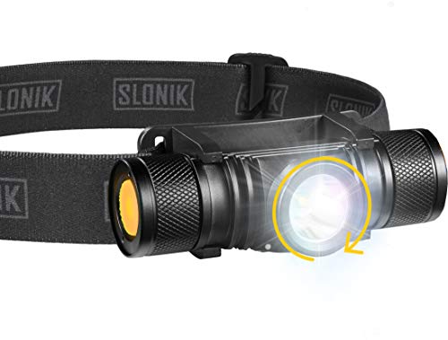 SLONIK Rechargeable Headlamp Flashlight - 500 Lumens Ultra Bright Headlight - IPX8 Waterproof Head Lamp Light for Outdoor Running, Hiking Gear, Hard Hat Helmet - Camping Accessories for Adults, Black